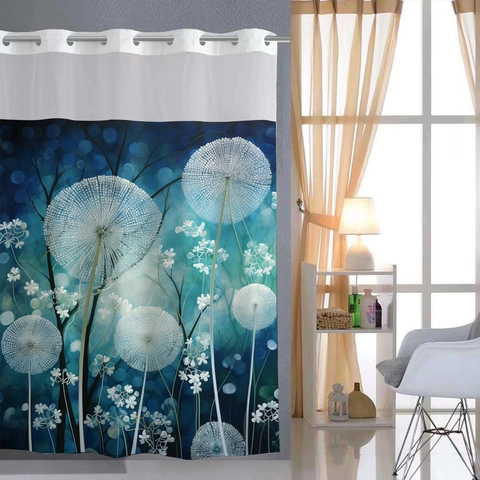 Tenda Da Doccia E Tappetino Senza Ganci Poliestere Impermeabile Fodera Rimovibile Finestra In Rete Design Floreale Dente Di Leone Farfalla