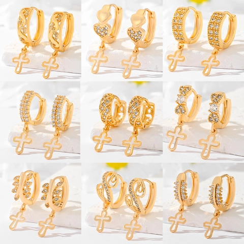Luxury Copper Gold Plated Zirconia Cross Drop Earrings Vintage Fashion Religious Hollow Pendant Hoop Earrings Jewelry Women