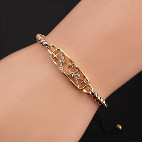 Adjustable Bracelet Gold Plated Copper Zircon Star Lightning Cutout Plate Woven Cord Fashion Jewelry For Women