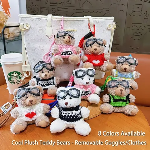 Trendy Plush Teddy Bear Keychain With Pilot Goggles And Knitted Sweater Cute Animal Backpack Charm Keyring Gift For Couples