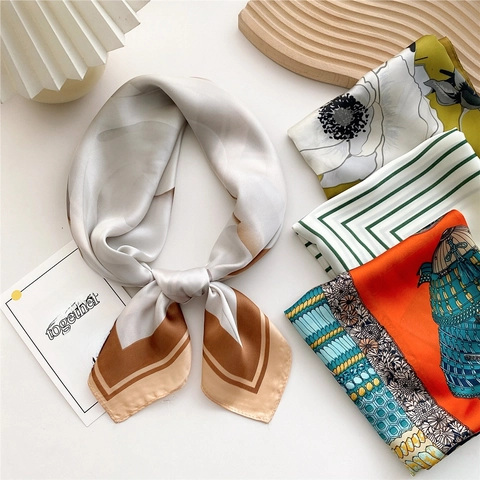 Satin-Like Polyester Square Scarf Fashionable Printed Neck Kerchief Elegant Hair Accessory For Women Various Patterns