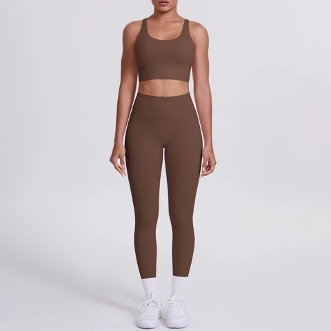 Nylon Spandex Women Yoga Sports Bra And High Waist Leggings Cross Back Naked Feel Brushed Breathable Slim Fit Activewear