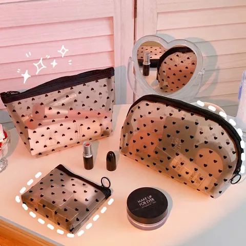 Herzmuster Mesh Make-up Tasche Beflockter Kulturbeutel Organizer Tragbare Transparente Reißverschluss Kosmetiktasche Für Reisen
