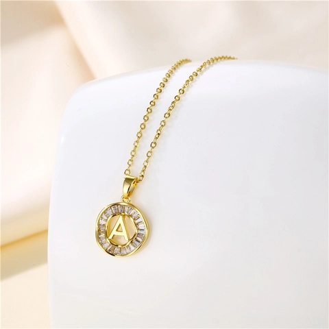 Collana Con Pendente Lettera Iniziale Placcata Oro Acciaio Inossidabile Zircone Intarsiato Ciondolo Tondo Per Donna