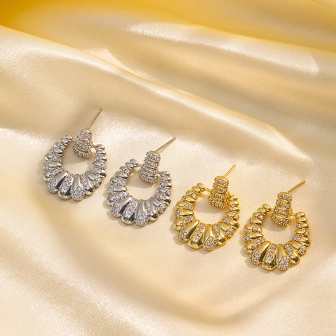 Pendientes De Botón En Forma De Abanico Estilo Francés Cobre Pavé Circón Patrón De Concha Minimalista Elegante Joyas Mujeres