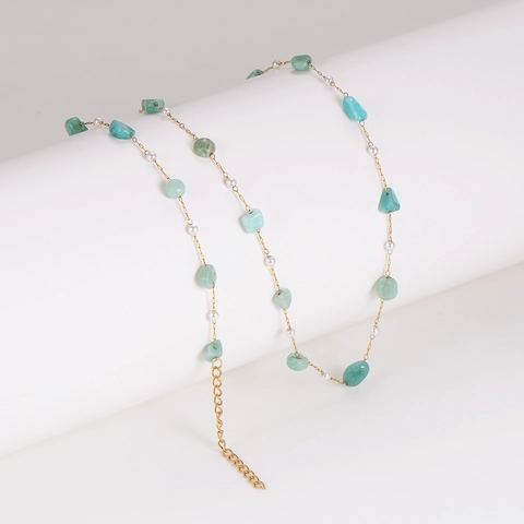 Stainless Steel Necklace And Bracelet Light Green Stone Chips White Faux Artificial Pearl Fashion Jewelry For Women