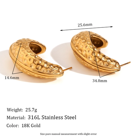 Orecchini Texture Martellata Placcati Oro 18K Acciaio Inossidabile 316L Motivo A Fossette Forma C Per Donna Moda