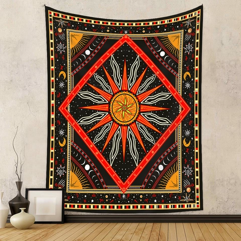 Mystical Celestial Wall Tapestry Polyester Sun Moon Phase Zodiac Sign Print Bohemian Tarot Style Home Bedroom Decor