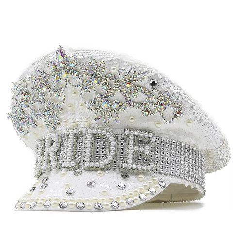 Cappello Da Capitano Sposa Bianco Perla Artificial Strass Paillettes Militare Addio Al Nubilato Festa Festival Berretto