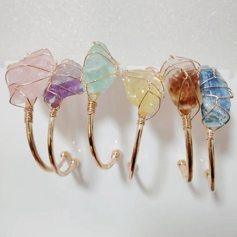 Bracciale Rigido In Cristallo Di Pietra Naturale Irregolare Avvolto In Filo Placcato Oro Gioielli Boho Fatti A Mano Donna