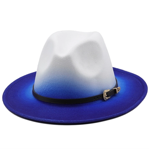 Cappello Fedora Sfumato Tesa Larga Feltro Jazz Con Cinturino In Pelle Fibbia Metallo Moda Vintage Unisex