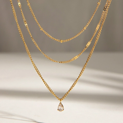 Triple Layered Necklace Stainless Steel Gold Plated Teardrop Cubic Zirconia Pendant Waterproof Hypoallergenic For Women