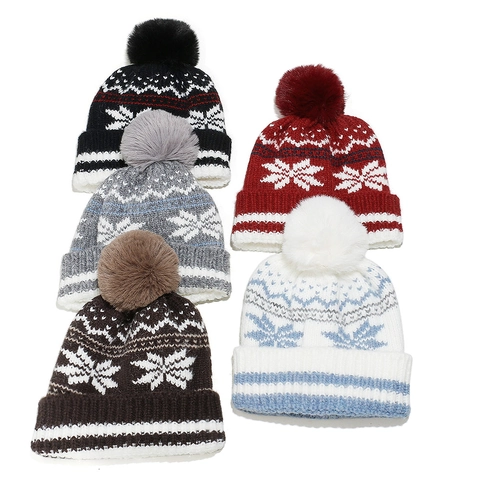 Berretto A Maglia Di Natale Acrilico Jacquard Fiocco Di Neve Inverno Caldo Pompon Risvolto Copricapo Per Donne Uomini
