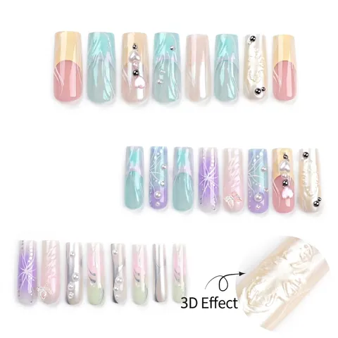 French 3D Butterfly Press On Nails Gradient Aurora Artificial Pearls Rhinestones Coffin Shape Macaron Colors Long Fake Nails For Women