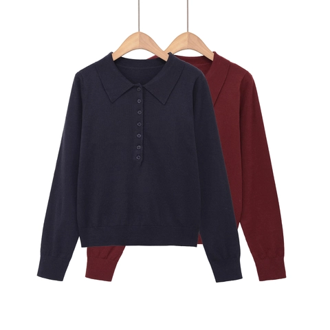 Polo De Punto Para Mujer Manga Larga Botones Suéter Casual Solapa Top De Punto Suave Elegante Color Sólido Otoño