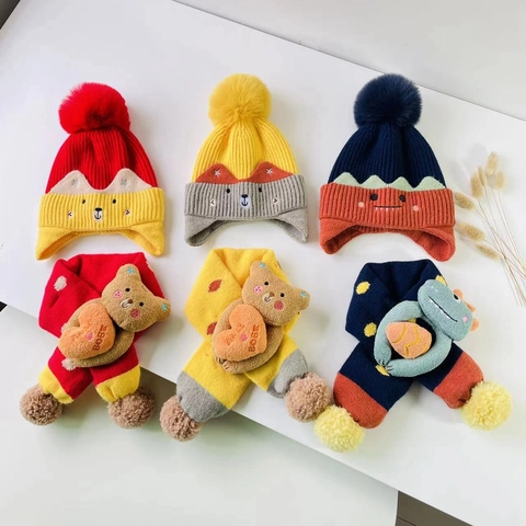Kinder Strickmütze Und Schal Warm Winter Cartoon Tier Bär Hase Dinosaurier Acryl Bommel Für Kleinkinder