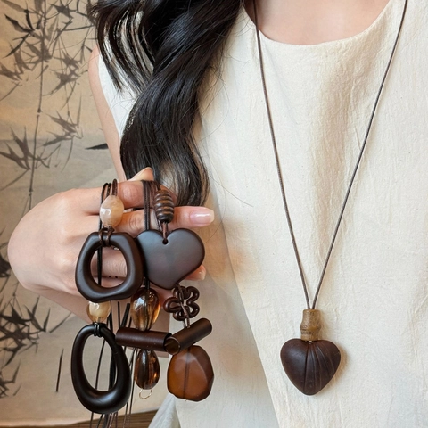 Collier Pull Long Pendentif Géométrique En Bois Résine Style Zen Rétro Vintage Bijou Corde Réglable Cadeau Femmes