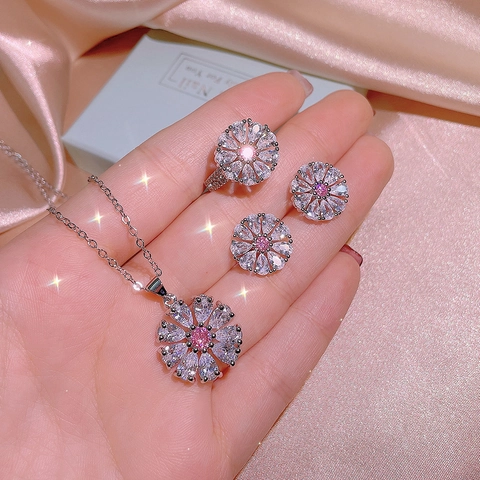 Flower Jewelry Collection With Pink White Cubic Zirconia Alloy Necklace Earrings And Adjustable Ring For Women Elegant Daisy Style