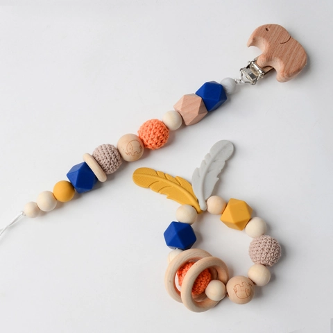 Baby Pacifier Clip Chain And Rattle Teether Toy Beech Wood Silicone Crochet Beads Infant Soothing Accessories