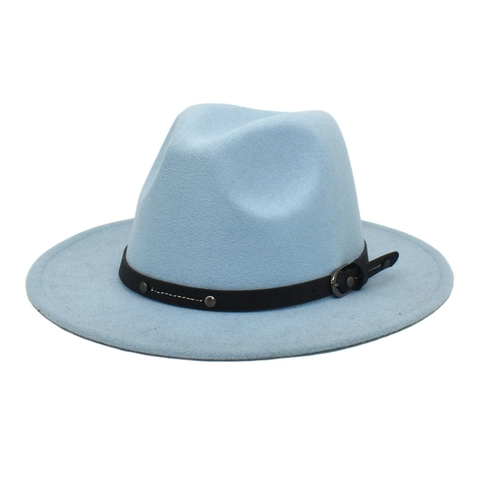 Fedora Hat Woolen Felt Wide Brim Vintage British Style Jazz Cap With Belt Buckle Rivets Solid Color Elegant