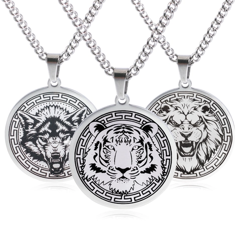 Men Stainless Steel Lion Tiger Wolf Bear Head Pendant Necklace Round Medal Greek Key Pattern Punk Gothic Jewelry Accessory