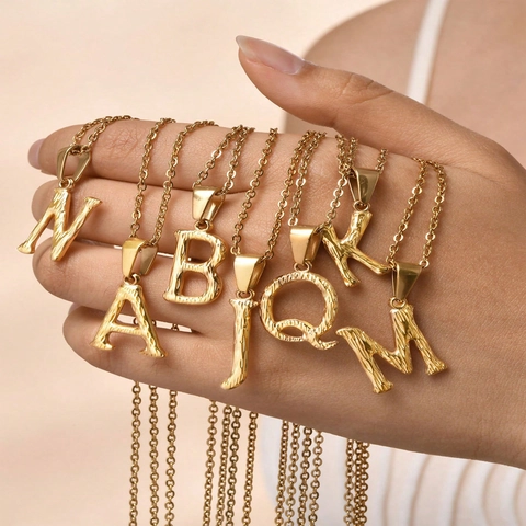 Stainless Steel Initial Pendant Necklace 18K Gold Plated Alphabet Bark Texture Retro Fashion Jewelry Gift For Women