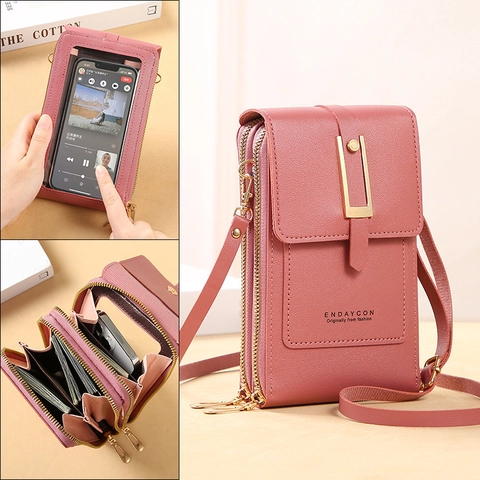 Damen Handy Umhängetasche PU Leder Lychee Muster Transparentes Touchscreen Fenster Geldbörse Kleine Schultertasche