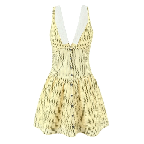 Robe Mini À Pois Dentelle Col En V Sans Manches Bouton Avant Rétro Douce Style Français Pour Femmes