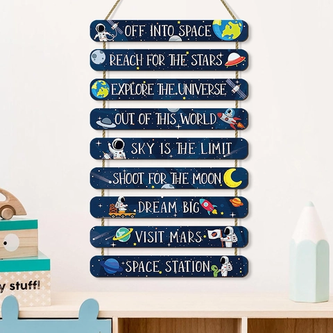 Wooden Space Theme Wall Hanging Decor Astronaut Rocket Planet Inspirational Quotes For Kids Room Nursery Nursery Art Sign