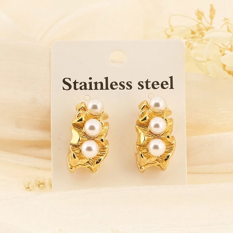 Pendientes Vintage Franceses Plisados Forma C Acero Inoxidable Con Perla Artificial Textura Lava Orgánica Botón Para Mujeres