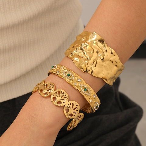Stainless Steel Cuff Bracelet Gold Plated Hammered Texture Evil Eye Tree Of Life Retro Fashion Jewelry For Women