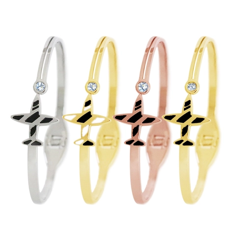 Brazalete Avión Acero Inoxidable Chapado En Oro 18K Dije Avión Esmalte Circón Cierre De Resorte Joyería Para Mujer