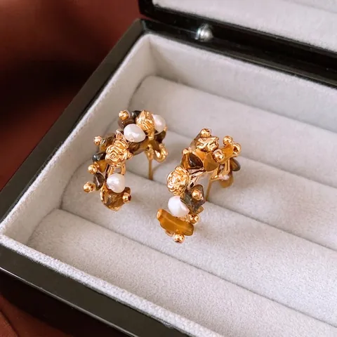 Vintage Flower C-Shaped Earrings With Tiger Eye Stone Artificial Pearl 925 Sterling Silver Earring Post French Retro Style For Women