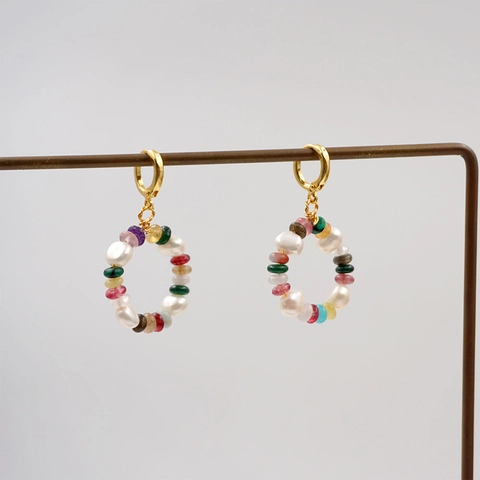 Orecchini a Cerchio Design di Nicchia Nuovo Stile Cinese Pietra Naturale Colorata Perla d'Acqua Dolce Rame Fatti a Mano Gioielli Donna