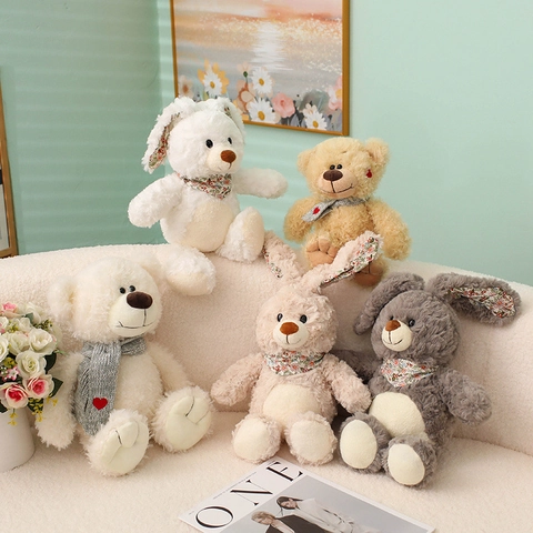 Soft Plush Stuffed Animal Teddy Bear Long Eared Rabbit PP Cotton Toy With Knit Scarf Heart Embroidery For Kids Gift