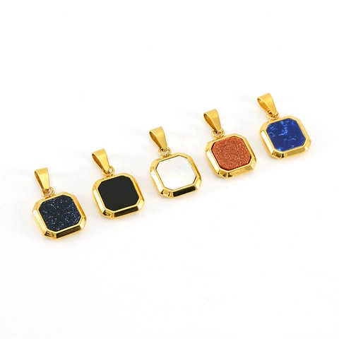 Geometric Square Pendant Stainless Steel With Gemstone Shell Minimalist Old Money Style Vintage Neck Jewelry Accessory