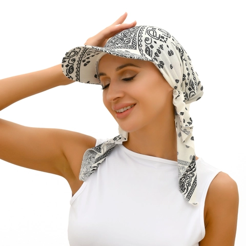 Women Turban Hat With Brim Polyester Paisley Floral Print Headwrap Long Ties Adjustable Headwear Fashion Summer