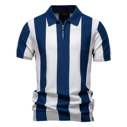 Men Knit Polo Shirt Striped Vertical Short Sleeve Half Zipper Casual Lightweight Business Breathable Viscose Blend