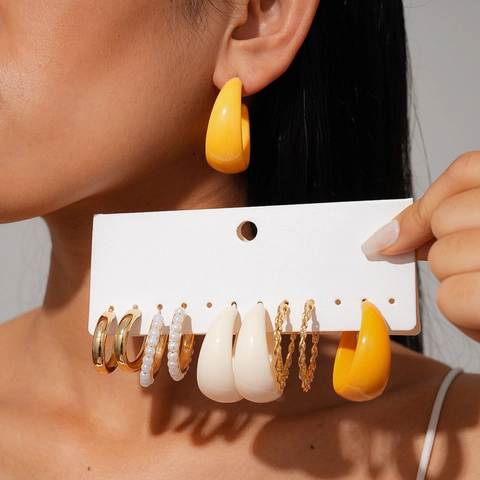 Pendientes De Aro De Aleación Acrílico Resina Perla Artificial De Imitación Con Poste De Plata Forma C Geométrico Retro Mujeres