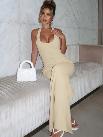 Sexy Halterneck Backless Maxi Dress Polyester Spandex Solid Color Slim Fit Side Split Summer Party Wear For Women