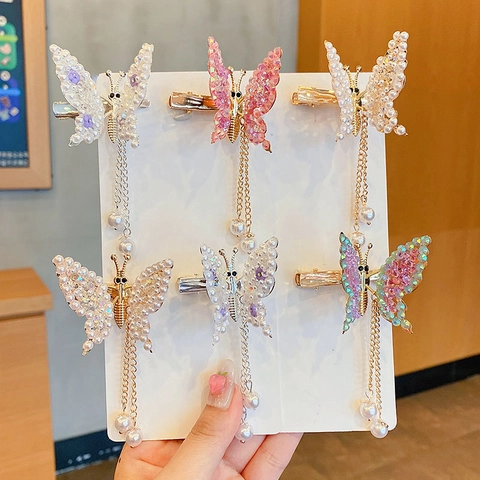 Butterfly Hair Clips Alloy Rhinestone Faux Artificial Pearl Tassel Drops For Girls Hanfu Princess Style