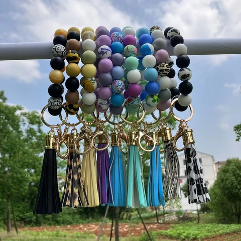 Silicone Beaded Keychain Bracelet For Women Printed Leopard Sunflower Pattern Elastic Wristlet Key Ring With Tassel PU Charm