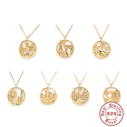 925 Sterling Silver City Landmark Round Pendant Necklace For Women Gold Plated Zirconia Inlaid Paris London Sydney Jewelry