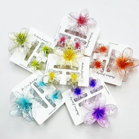Plumeria Flower Hair Clip Collection Resin Gradient Glitter Hair Claw And Side Clips Fashion Beach Holiday Hair Accessories For Women