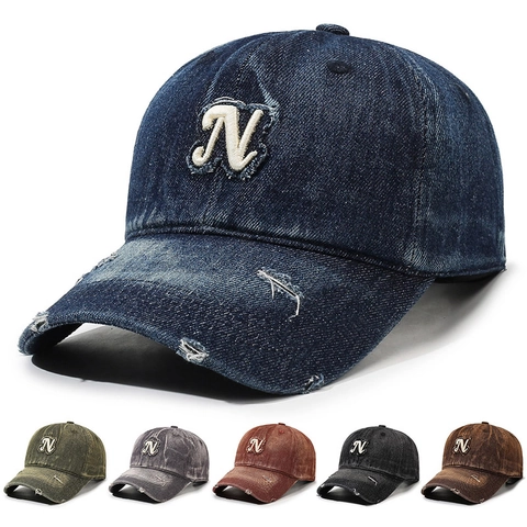Vintage Denim Baseball Cap Distressed Retro Baumwolle Hut Mit Besticktem Buchstaben N Verstellbar Für Herren Damen