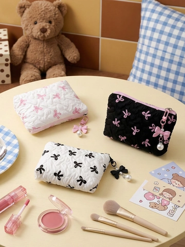 Neceser Acolchado Con Estampado De Lazo Y Colgante De Perlas Artificiales Organizador Cosmético Dulce Gran Capacidad Bolsa De Viaje Para Mujer