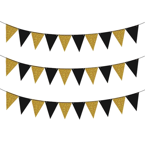 New Year Celebration Banner Triangle Pennant Glitter Paper Black Gold Star Garland Graduation School Party Decoration