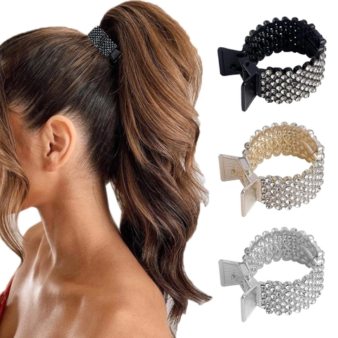 Alloy Rhinestone Ponytail Claw Clip Elegant Round High Pony Holder Hair Accessory For Women