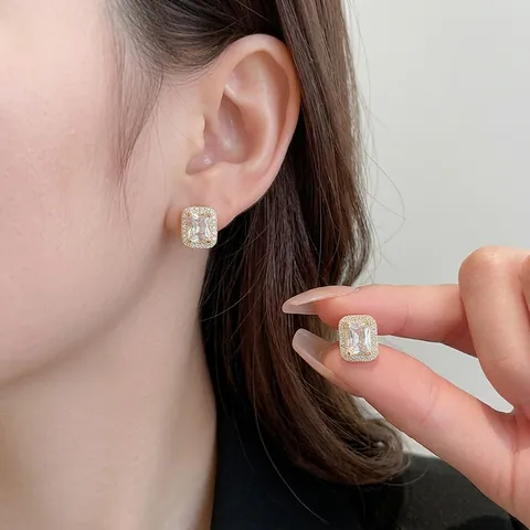 Square Zircon Necklace Bracelet Earrings Copper With 925 Sterling Silver Earring Post High End Elegant Jewelry For Women