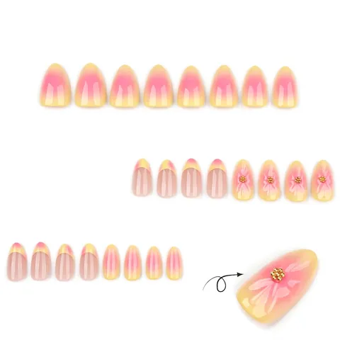 Faux Ongles Press On Fleur 3D Dégradé Français Rose Jaune Forme Amande Style Doux Cool Ongles Artificiels Pour Femmes